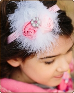 Pink/White Rolled Roses on Chevron Headband