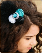 Turquoise/Black Rolled Satin Roses Hair Clip